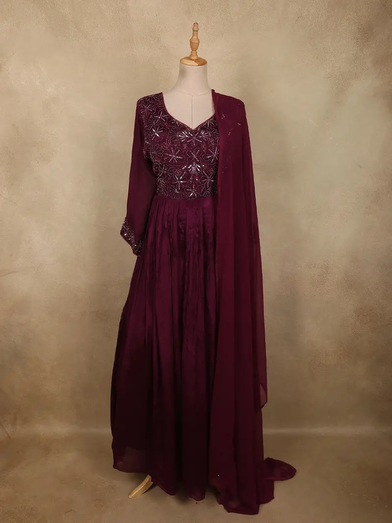 Deep Wine Floral Sequins And Beads Embroidered Design Georgette Anarkali Gown With Dupatta 1