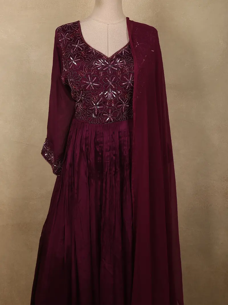 Deep Wine Floral Sequins And Beads Embroidered Design Georgette Anarkali Gown With Dupatta 2