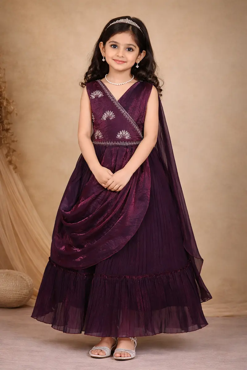 Deep Wine Floral Sequins And Beads Embroidered Design Satin Kids Gown With Attached Dupatta 1