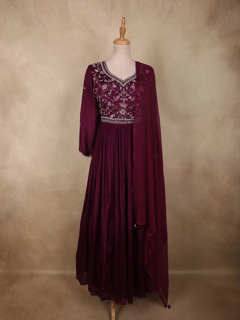 Deep Wine Floral Sequins Embroidered Design Georgette Gown With Dupatta 1
