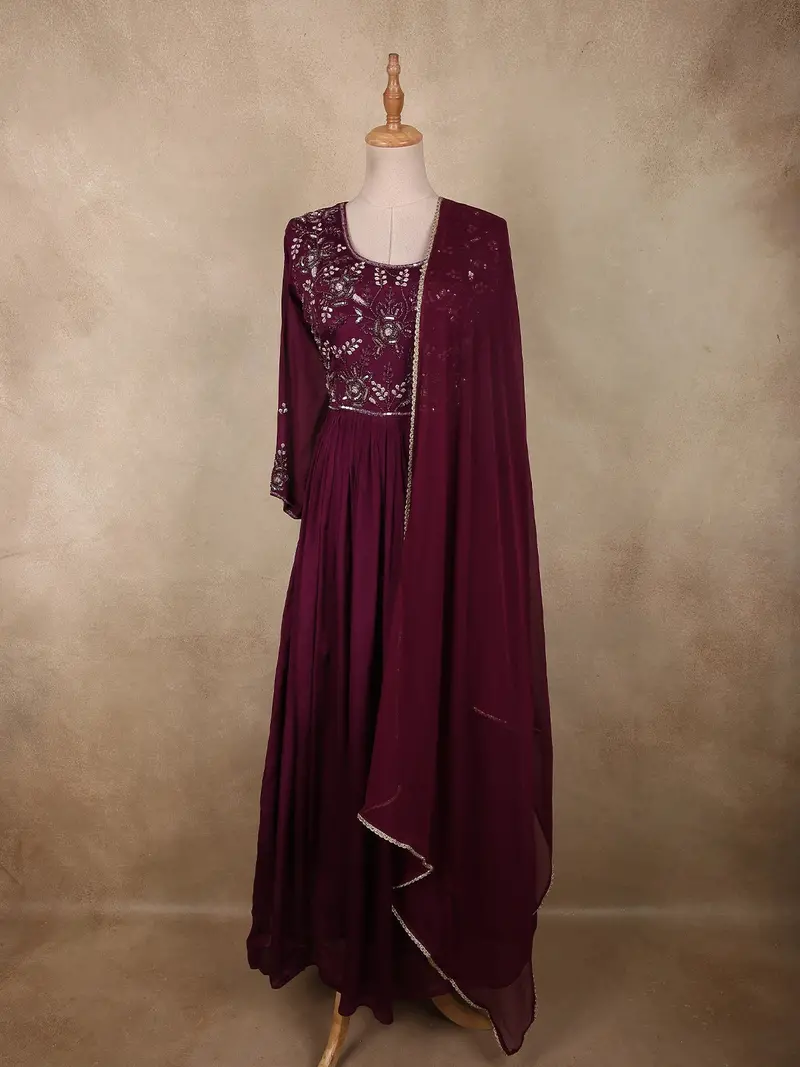 Deep Wine Floral Sequins Embroidered Design Georgette Gown With Dupatta 1