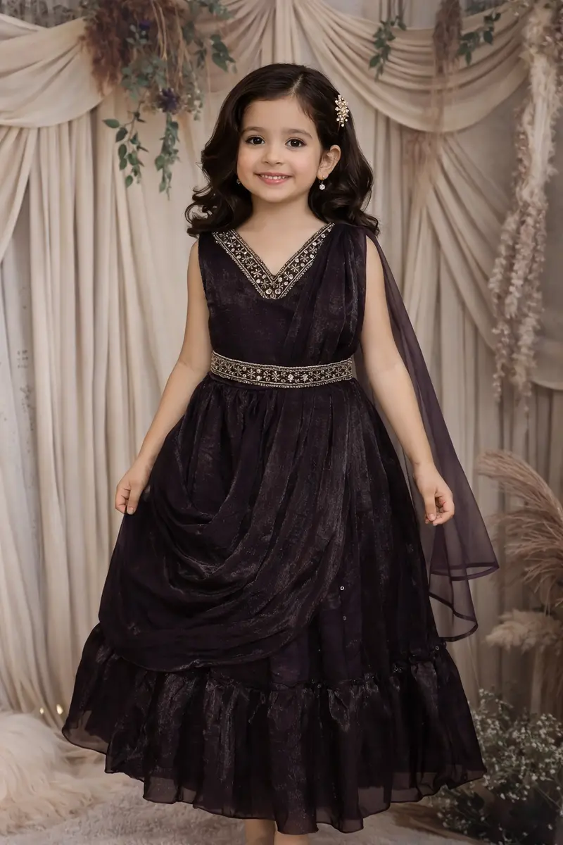 Deep Wine Floral Sequins Embroidered Design Satin Kids Gown With Belt 1