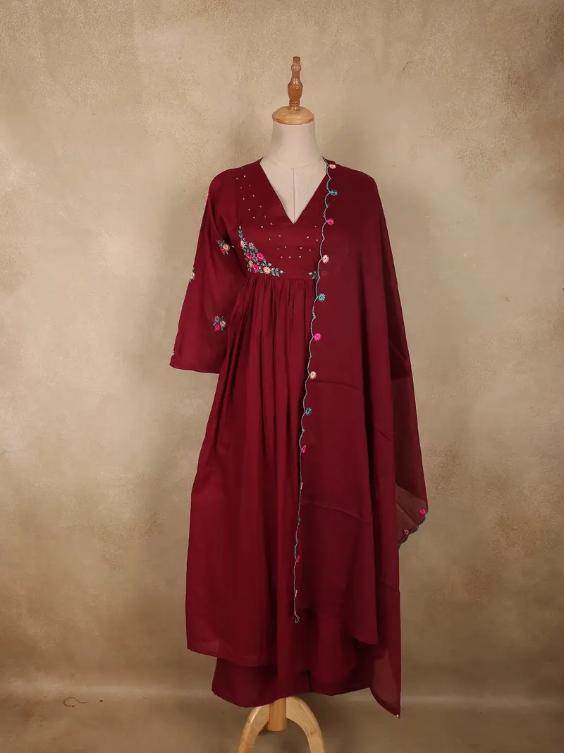 Deep Wine Floral Thread Embroidered Design Cotton Salwar Suit With Dupatta 1