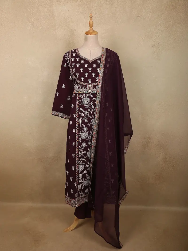 Deep Wine Floral Thread Embroidered Design Cotton Salwar Suit With Dupatta 1