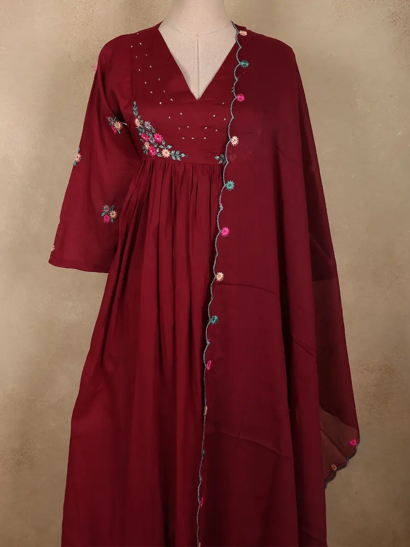 Deep Wine Floral Thread Embroidered Design Cotton Salwar Suit With Dupatta 2