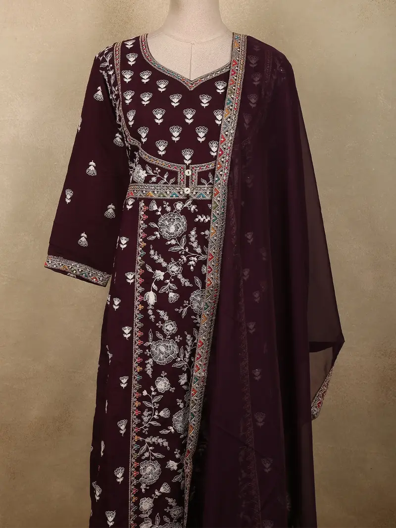 Deep Wine Floral Thread Embroidered Design Cotton Salwar Suit With Dupatta 2