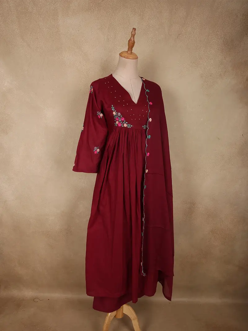 Deep Wine Floral Thread Embroidered Design Cotton Salwar Suit With Dupatta 3