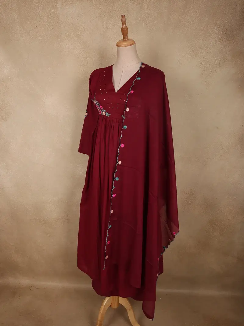 Deep Wine Floral Thread Embroidered Design Cotton Salwar Suit With Dupatta 4