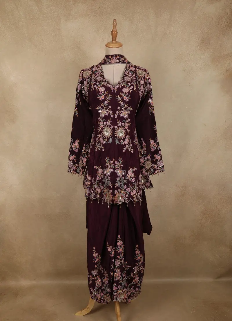 Deep Wine Floral Thread Embroidered Design Crepe Peplum Palazzo Suit With Dupatta 1