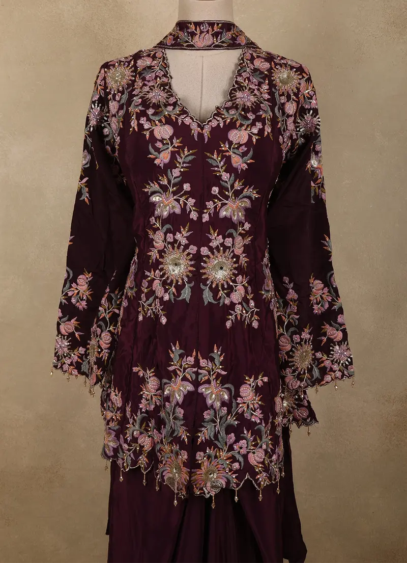 Deep Wine Floral Thread Embroidered Design Crepe Peplum Palazzo Suit With Dupatta 2