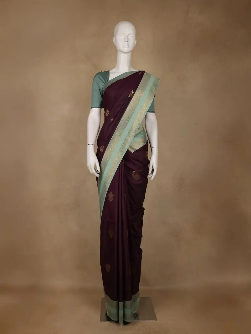 Deep Wine Floral Woven Soft Silk Saree With Sea-Green Contrast Border 1