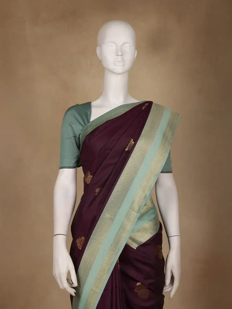 Deep Wine Floral Woven Soft Silk Saree With Sea-Green Contrast Border 2