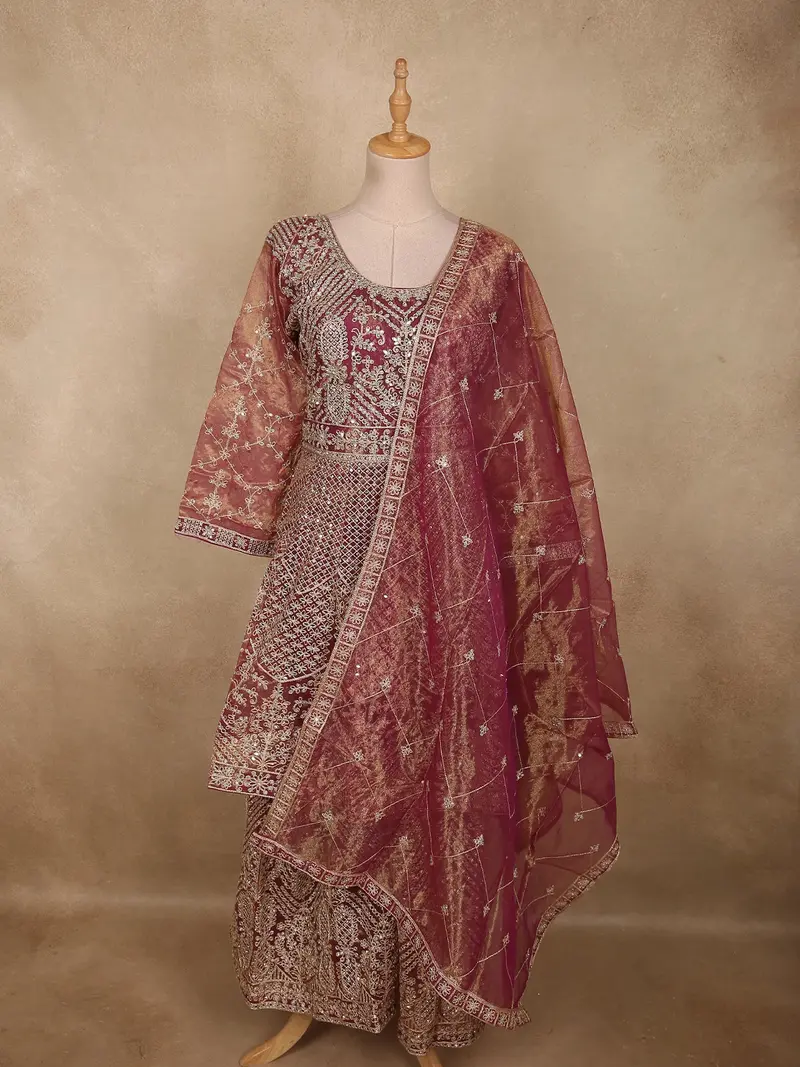 Deep Wine Floral Zari Embroidered And Stone Embellished Design Organza Palazzo Suit With Dupatta 1