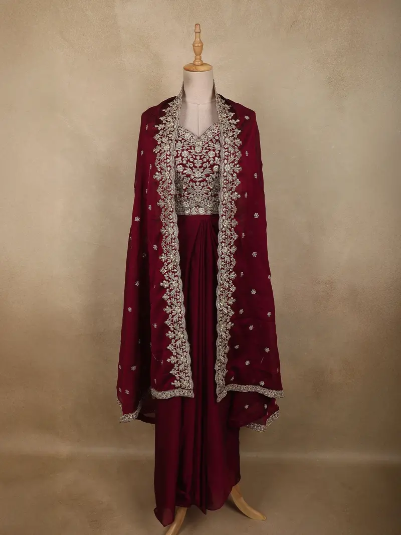 Deep Wine Floral Zari Embroidered Design Crepe Skirt Top With Dupatta 1