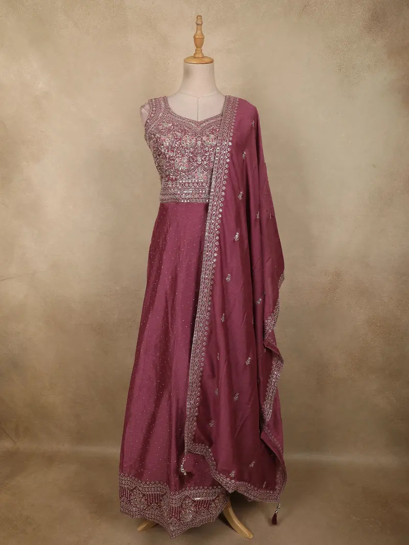 Deep Wine Floral Zari Embroidered Design Georgette Gown With Dupatta 1