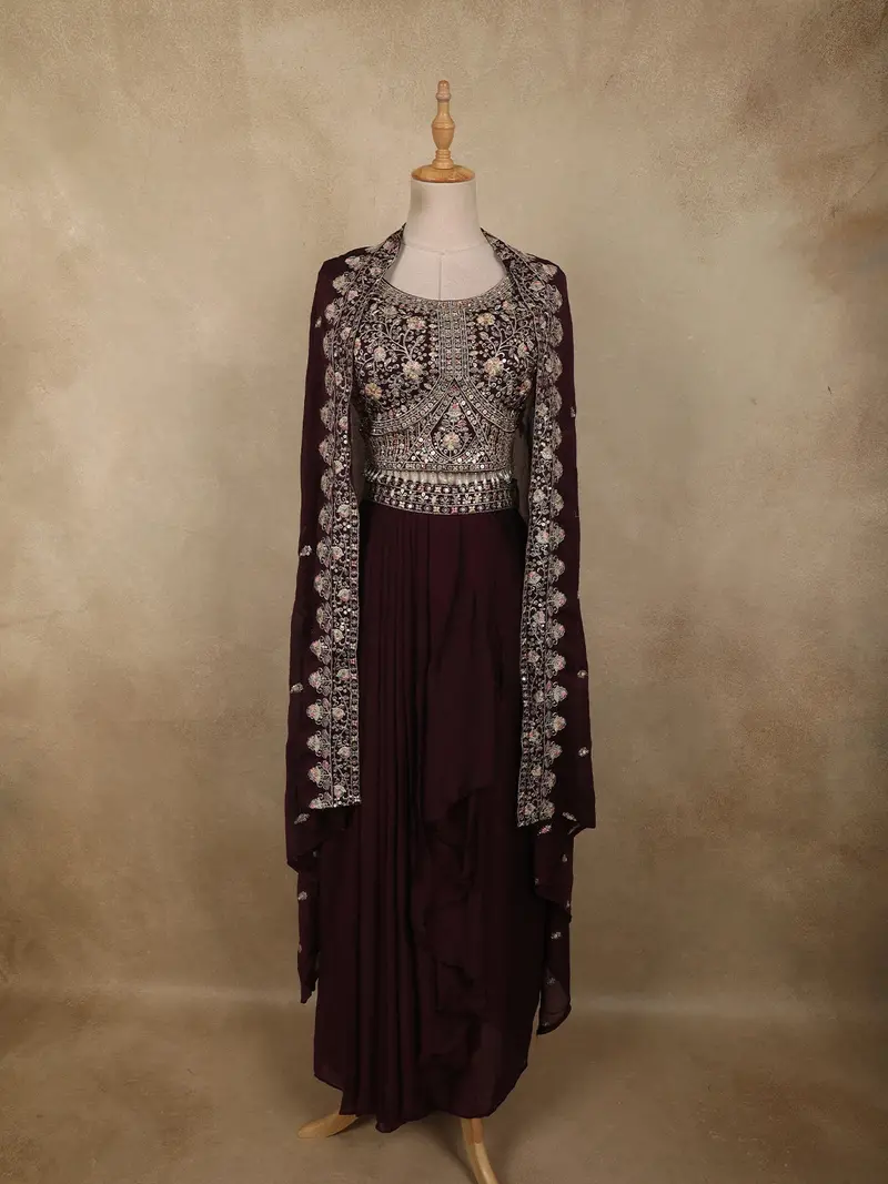 Deep Wine Floral Zari Embroidered Design Georgette Indo Western Skirt Top  With Over Coat 1