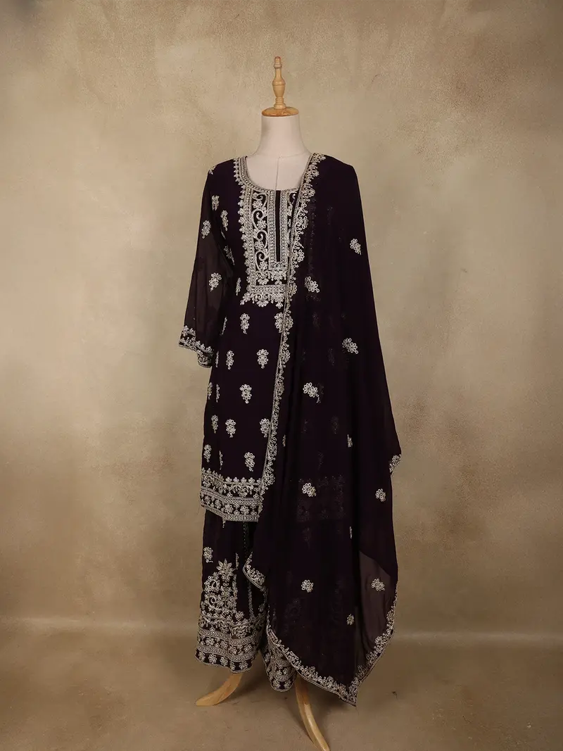 Deep Wine Floral Zari Embroidered Design Georgette Palazzo Suit With Dupatta 1