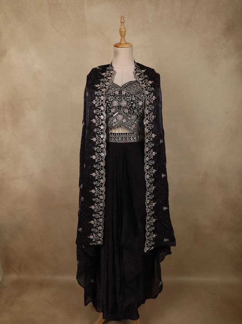 Deep Wine Floral Zari Embroidered Design Organza Indo Western Skirt Top With Over Coat 1