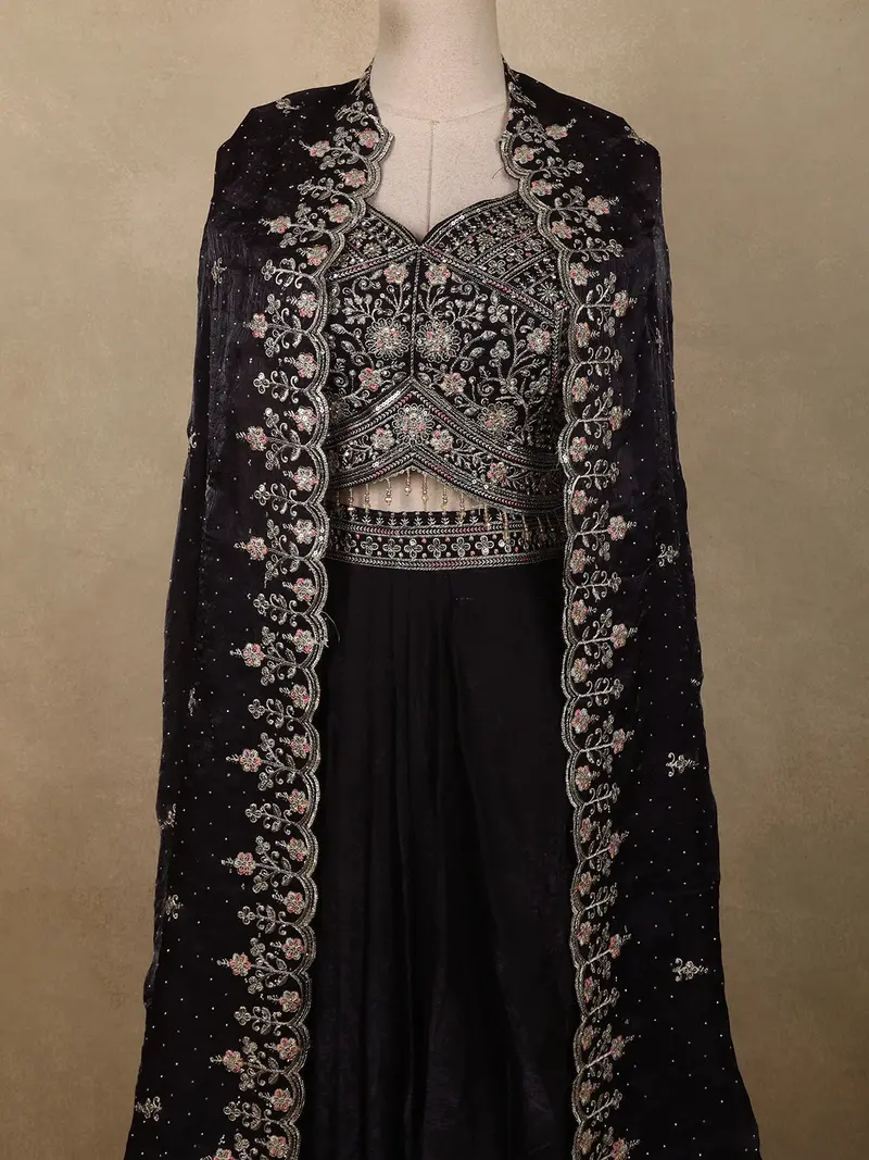 Deep Wine Floral Zari Embroidered Design Organza Indo Western Skirt Top With Over Coat 2