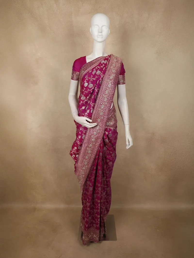 Deep Wine Floral Zari Woven Design Pure Banarasi Silk Designer Saree With Zardozi Work Border 1