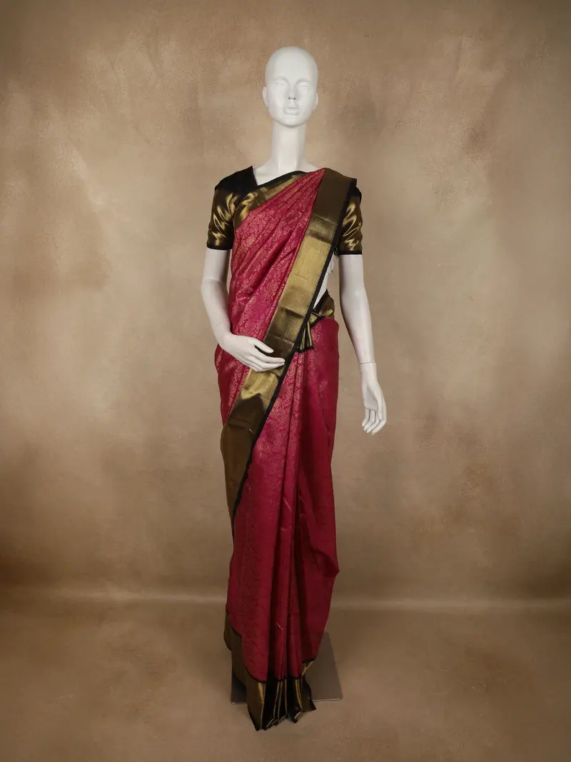 Deep Wine Floral Zari Woven Design Pure Kanchipuram Silk Saree With Contrast Zari Border 1