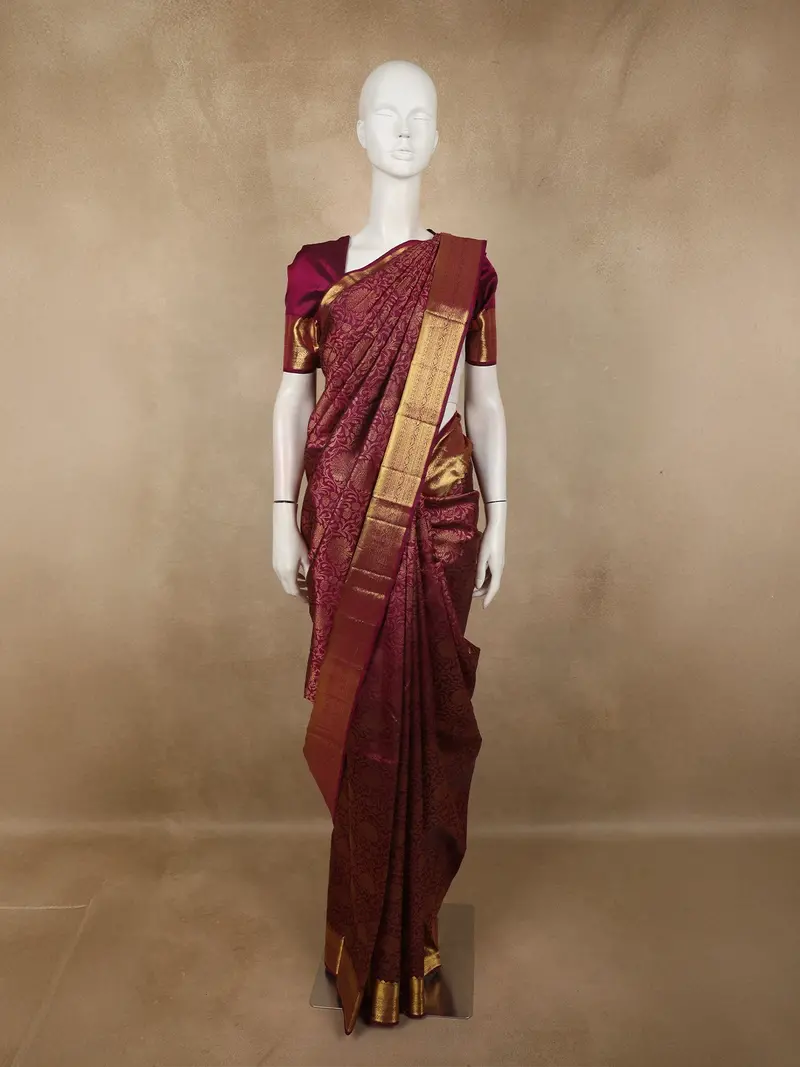 Deep Wine Floral Zari Woven Design Pure Kanchipuram Silk Saree With Zari Border 1
