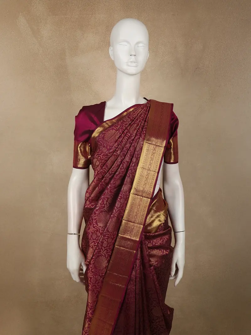 Deep Wine Floral Zari Woven Design Pure Kanchipuram Silk Saree With Zari Border 2