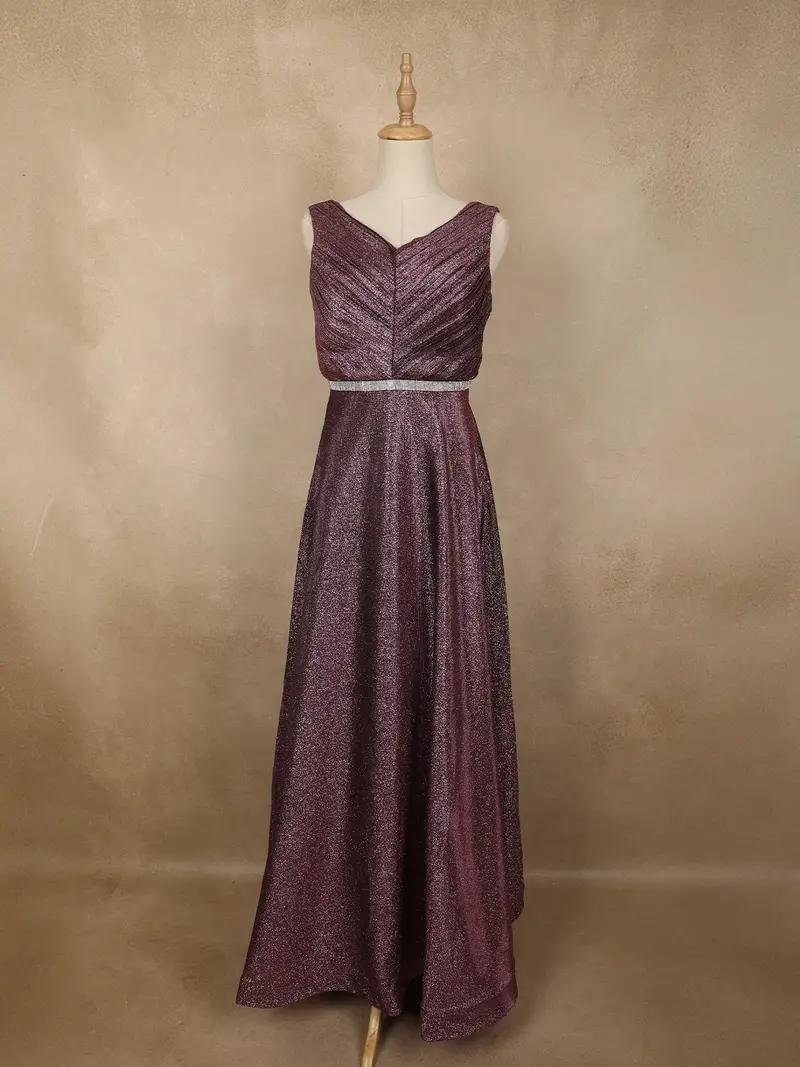 Deep Wine Glitter Embellished Design Net Party Wear Gown With Waist Belt 1
