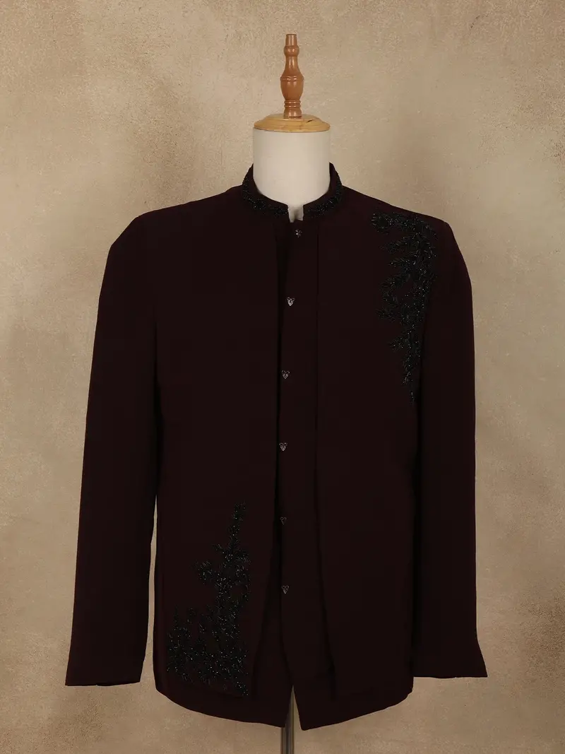 Deep Wine Heavy Beads Embroidered Design Polynosic Men's Suit 1