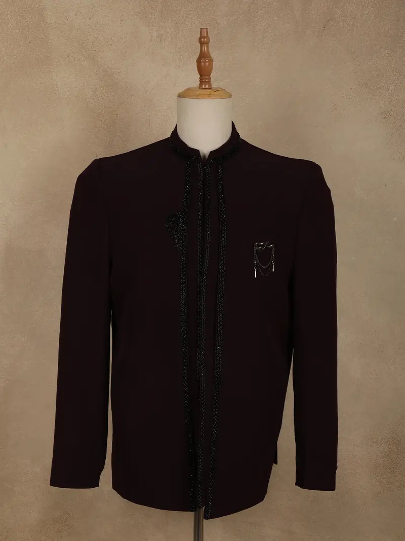 Deep Wine Heavy Beads Embroidered Design Polynosic Men's Suit 1