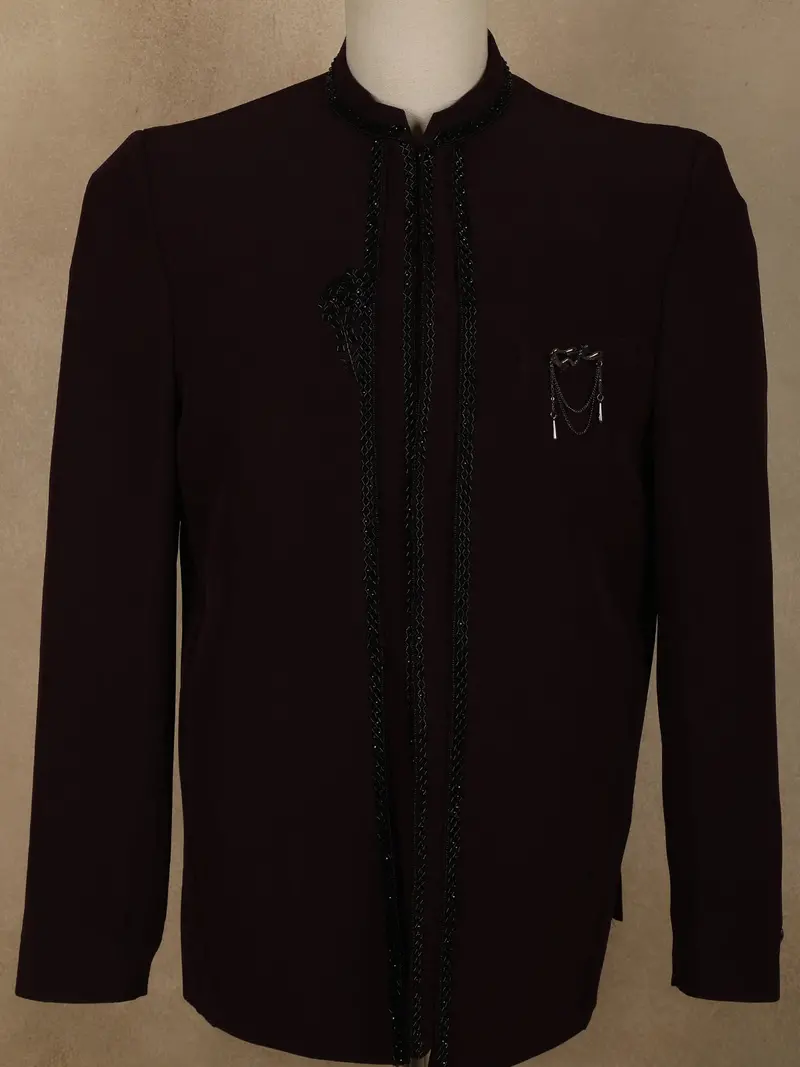 Deep Wine Heavy Beads Embroidered Design Polynosic Men's Suit 2