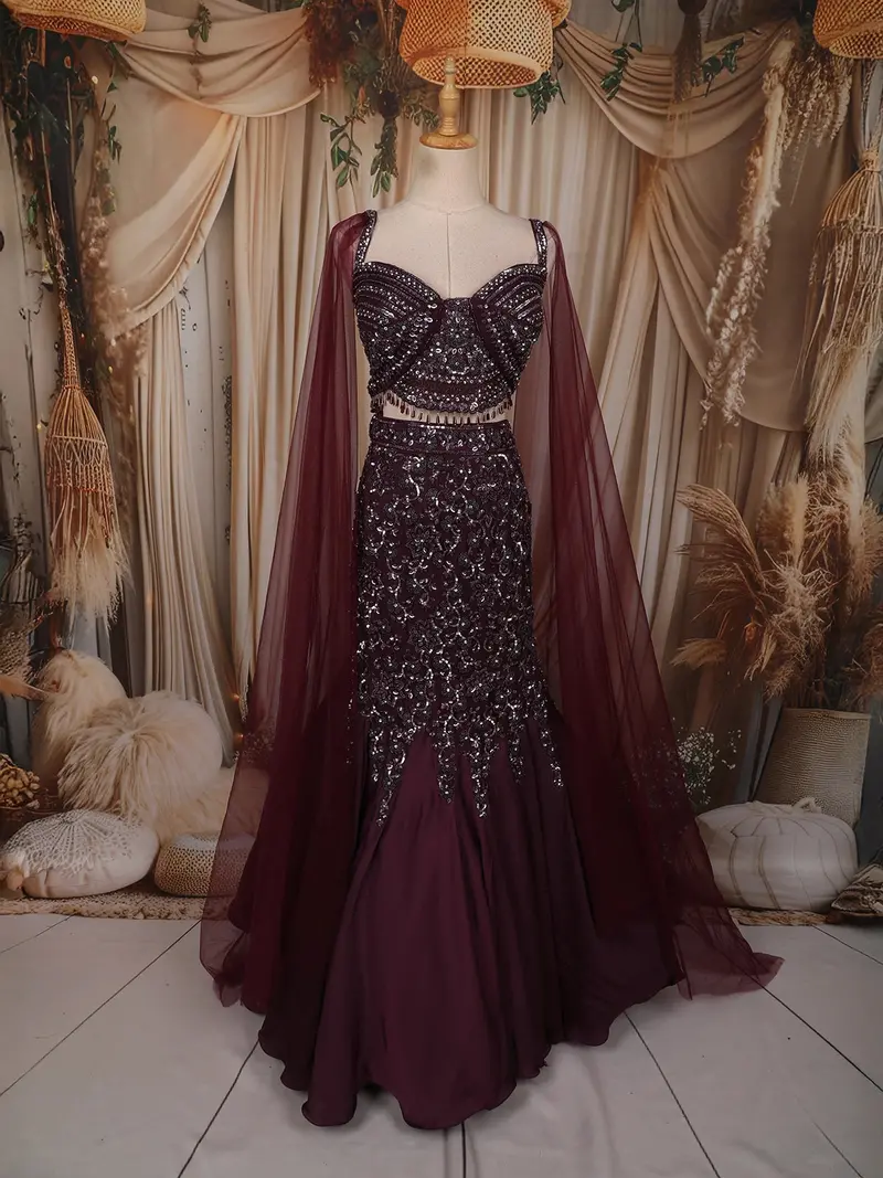 Deep Wine Heavy Sequins And Beads Embroidered Design Mermaid Satin Lehenga With Sheer Dupatta 1