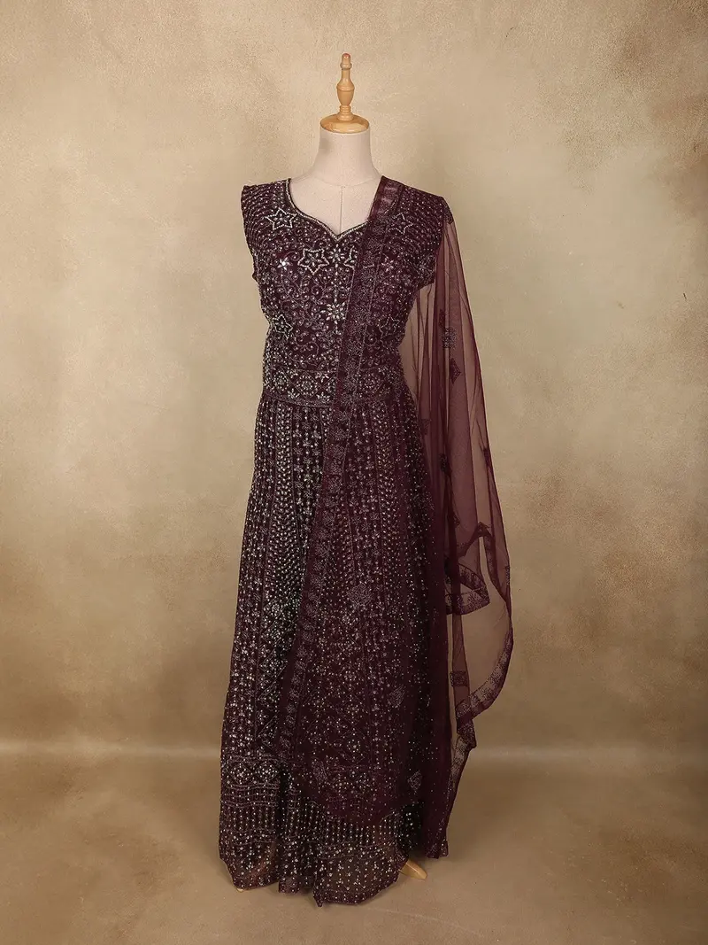 Deep Wine  Heavy Sequins And Stone Embellished Design Net Party Wear Gown 1