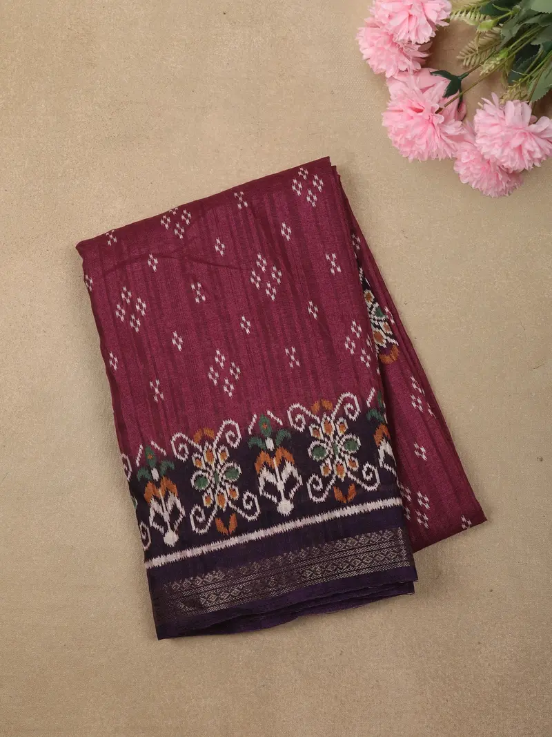 Deep Wine Ikat Printed Design Crepe Saree With Contrast Border 1