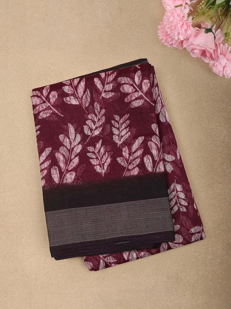 Deep Wine Leaf Printed Design Linen Cotton Saree With Contrast Black Border 1