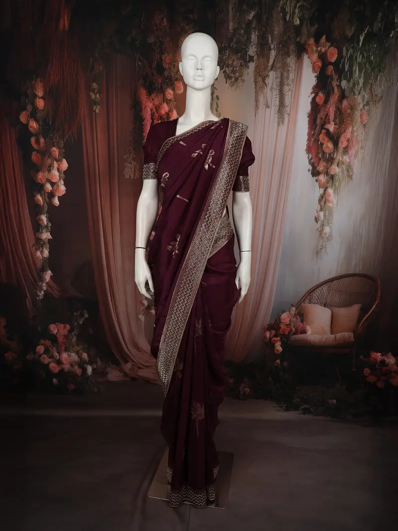 Deep Wine Leaf Zari Woven Design Semi Banarasi Silk Saree With Designer Border 1
