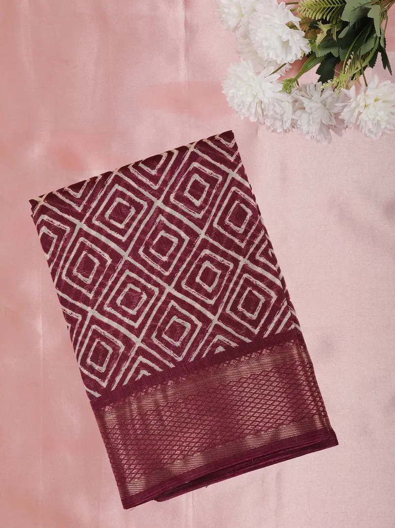 Deep Wine Maroon Abstract Geometric Printed Design Mixed Cotton Saree 1