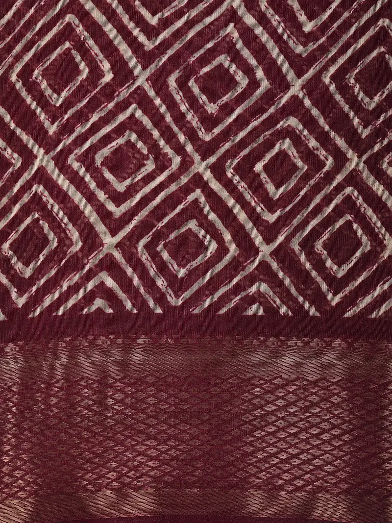 Deep Wine Maroon Abstract Geometric Printed Design Mixed Cotton Saree 2