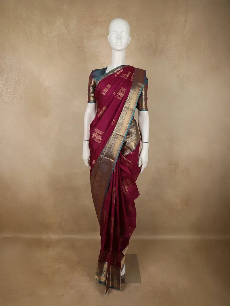 Deep Wine Maroon Abstract Zari Woven Design Kanchipuram Silk Saree With Contrast Zari Border 1