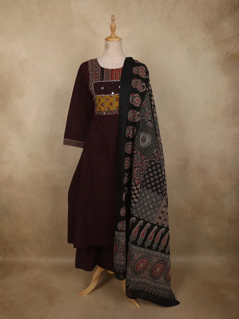 Deep Wine Maroon Ajrakh Printed Design Cotton Palazzo Suit 1