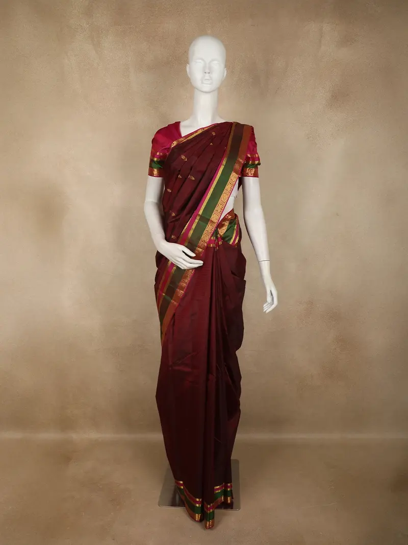 Deep Wine Maroon Butta Woven Design Kanchipuram Silk Saree With Contrast Zari Border 1