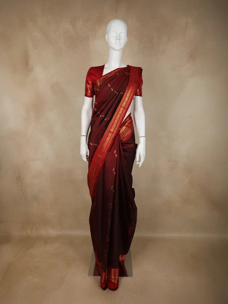 Deep Wine Maroon Butta Woven Design Pure Kanchipuram Silk Saree With Contrast Border 1