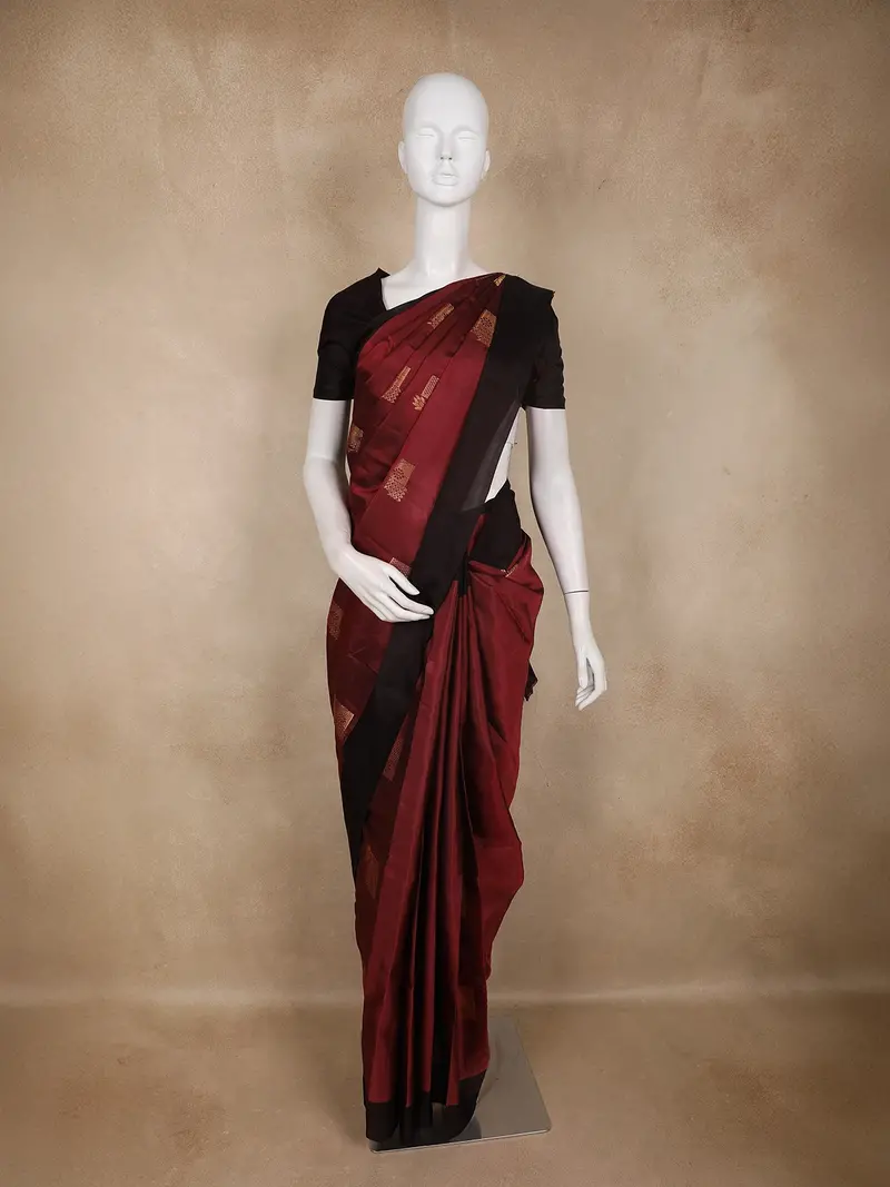Deep Wine Maroon Butta Woven Design Soft Silk Fancy Wear Saree With Contrast Border 1