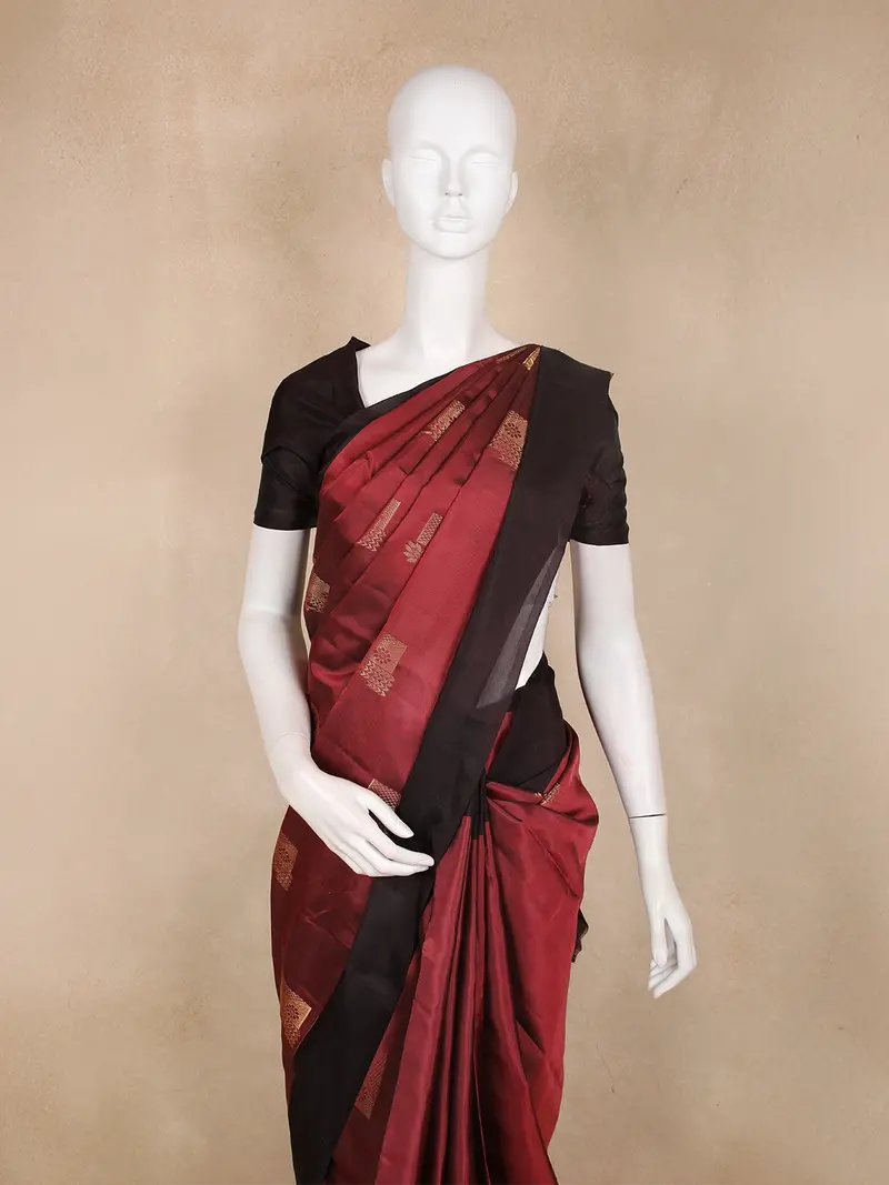 Deep Wine Maroon Butta Woven Design Soft Silk Fancy Wear Saree With Contrast Border 2