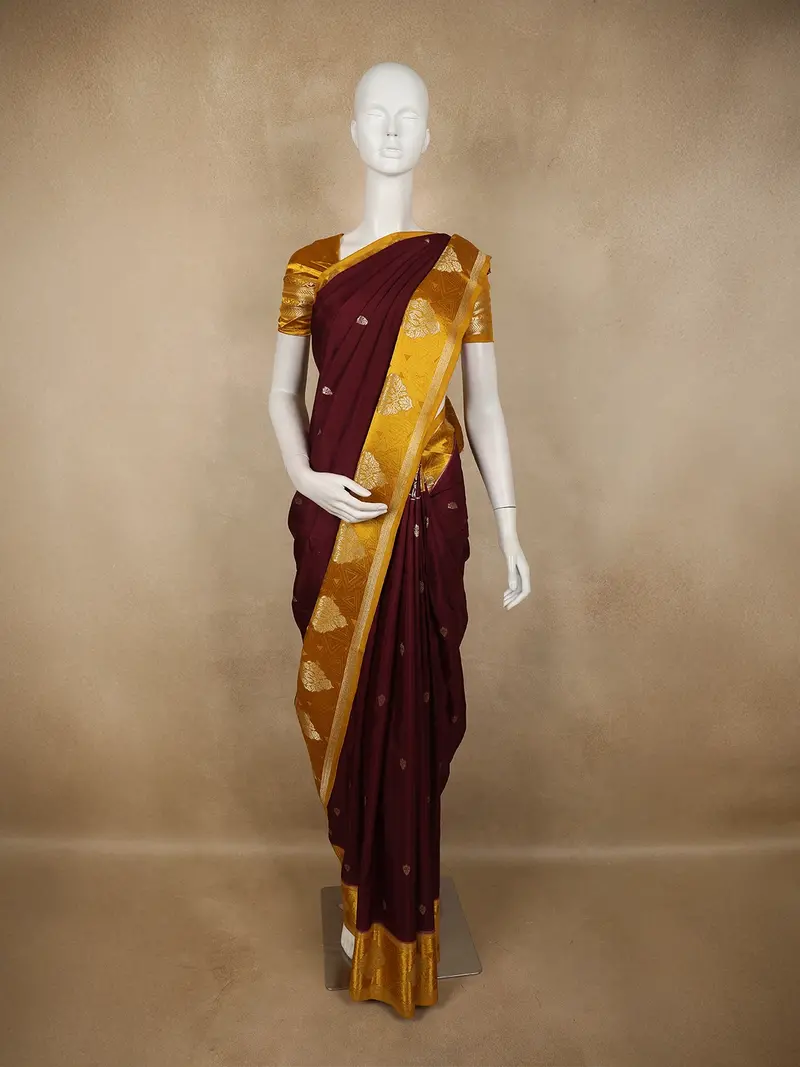 Deep Wine Maroon Butta Zari Woven Design Banarasi Silk Saree With Contrast Border 1