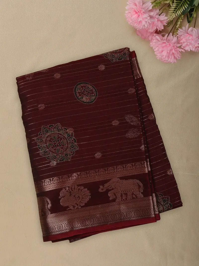 Deep Wine Maroon Floral And Paisley Motif Woven Design Mixed Cotton Saree 1