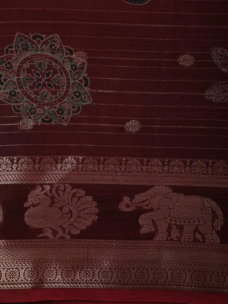 Deep Wine Maroon Floral And Paisley Motif Woven Design Mixed Cotton Saree 2