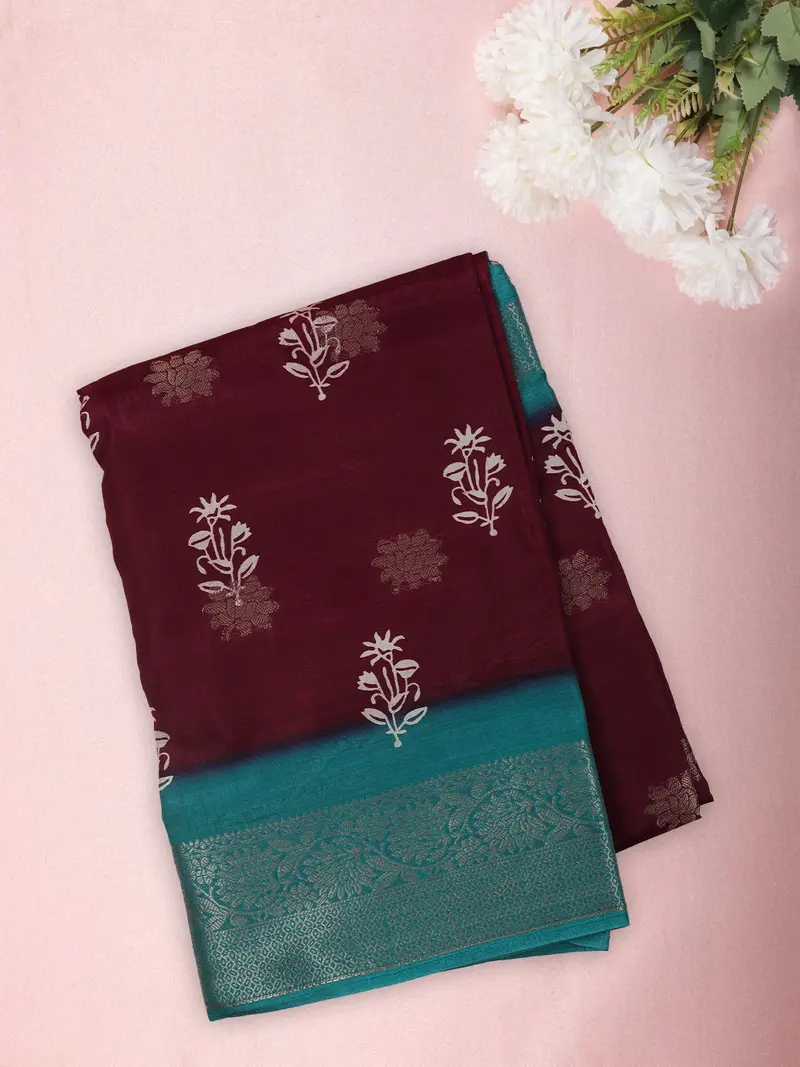 Deep Wine Maroon Floral Butta Printed Design Mixed Cotton Saree With Contrast Teal Zari Woven Border 1
