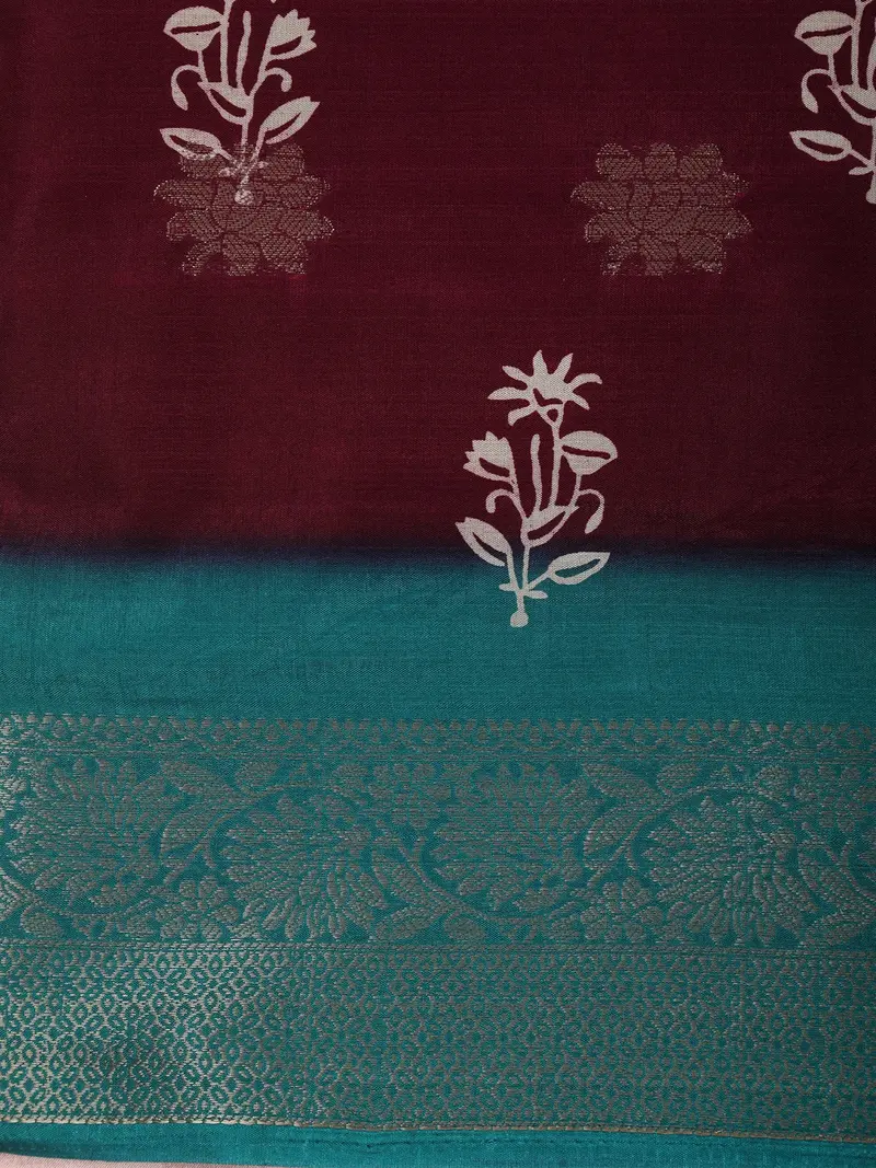 Deep Wine Maroon Floral Butta Printed Design Mixed Cotton Saree With Contrast Teal Zari Woven Border 2