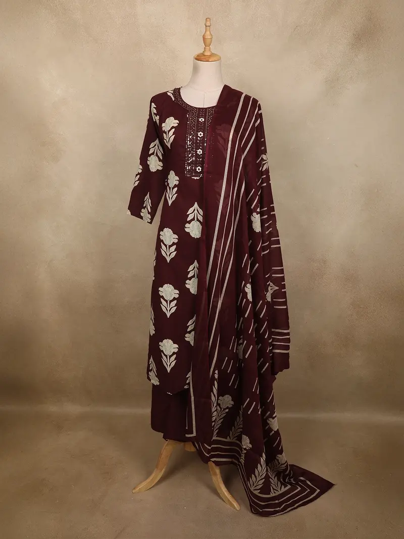 Deep Wine Maroon Floral Printed Design Cotton Salwar Suit With Dupatta 1